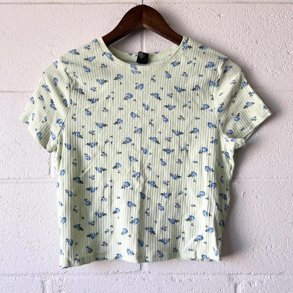 Wild Fable Green Floral Ribbed Short Sleeve Shirt Women's XL